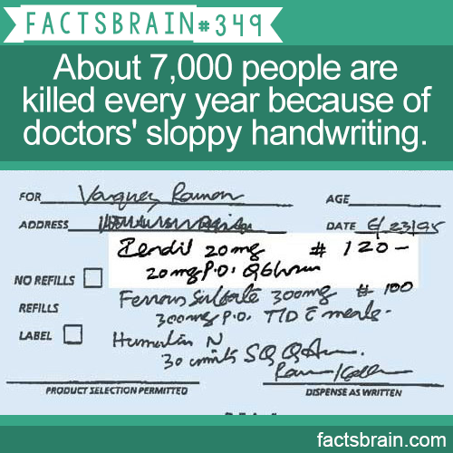 illegible prescriptions - Facts Brain About 7,000 people are killed every year because of doctors' sloppy handwriting. Age FOR__ Vagnes Ramon ADDRESS__Ammo DATE_4_23195 Zendil zone # 120 No Refills 20mg po. those Refills Ferran Siltale zoomg . zoong po. T