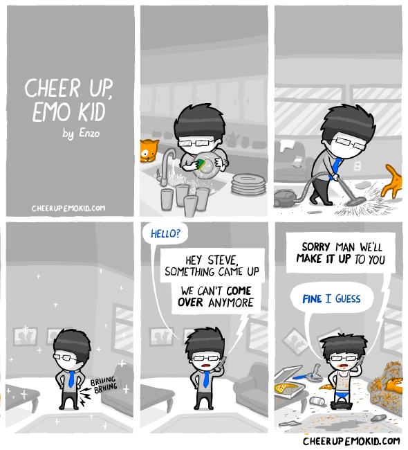 cheer up emo kid comics - Cheer Up Emo Kid by Enzo Cheerup Emokid.Com Vino Hello? Sorry Man Well Make It Up To You Hey Steve Something Came Up We Can'T Come Over Anymore Fine I Guess Bring Brming Cheerup Emokid.Com