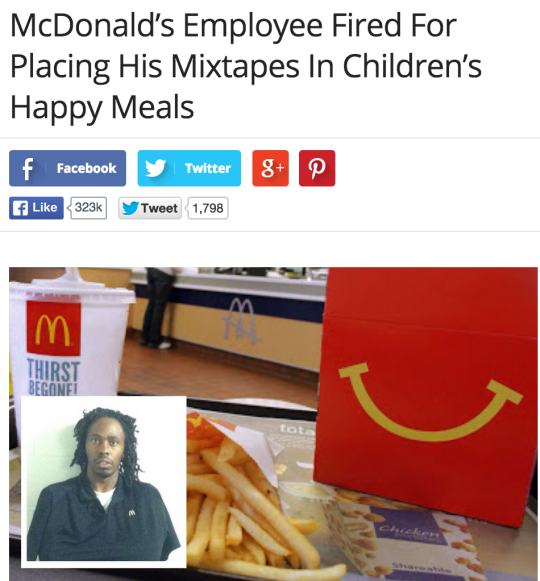 mcdonalds mixtape - McDonald's Employee Fired For Placing His Mixtapes In Children's Happy Meals | Twitter 8 P f Facebook Tweet 1,798