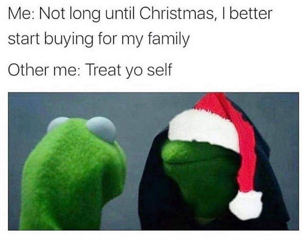 funny kermit christmas memes - Me Not long until Christmas, I better start buying for my family Other me Treat yo self