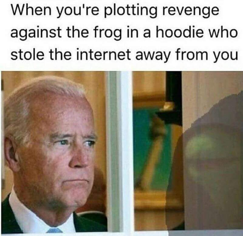 sad joe biden - When you're plotting revenge against the frog in a hoodie who stole the internet away from you