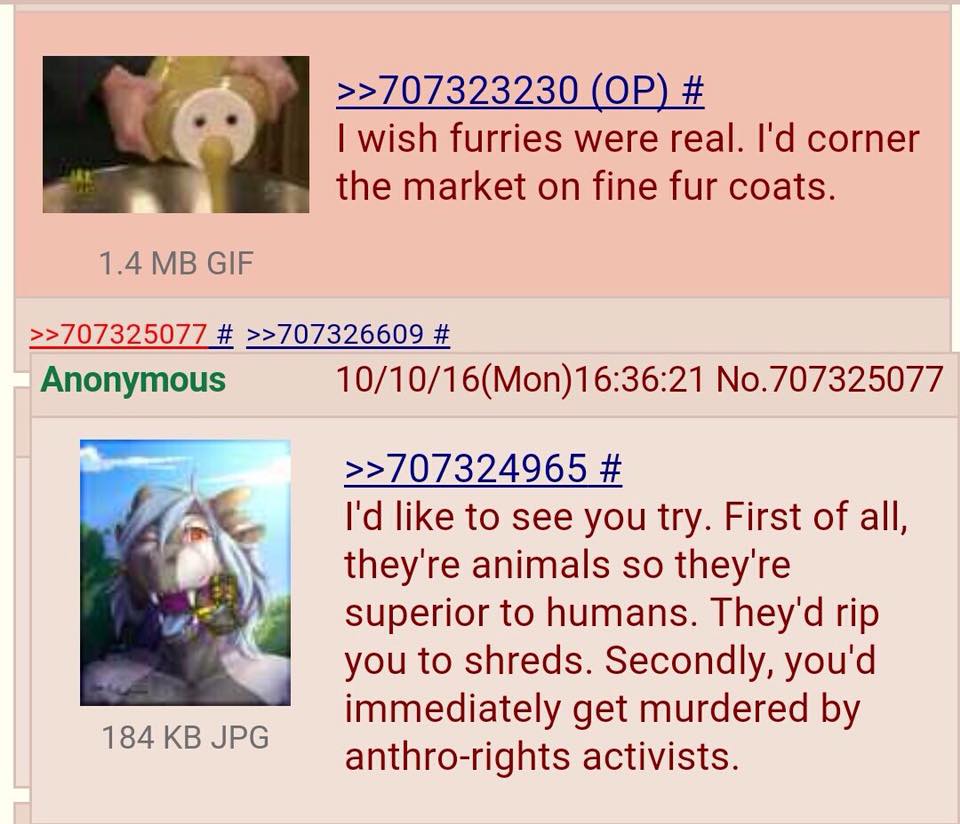 furry 4chan - >>707323230 Op # I wish furries were real. I'd corner the market on fine fur coats. 1.4 Mb Gif >>707325077 # >>707326609 # Anonymous 101016Mon21 No.707325077 >>707324965 # I'd to see you try. First of all, they're animals so they're superior