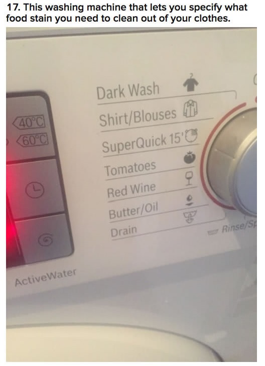 major appliance - 17. This washing machine that lets you specify what food stain you need to clean out of your clothes. Dark Wash ShirtBlouses in 40C 60C SuperQuick 15'0 Tomatoes Red Wine ButterOil Drain Rinsers ActiveWater