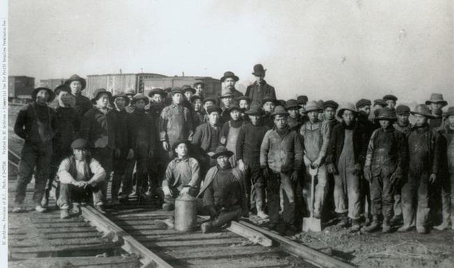 Chinese Railroad Workers Pause During Construction