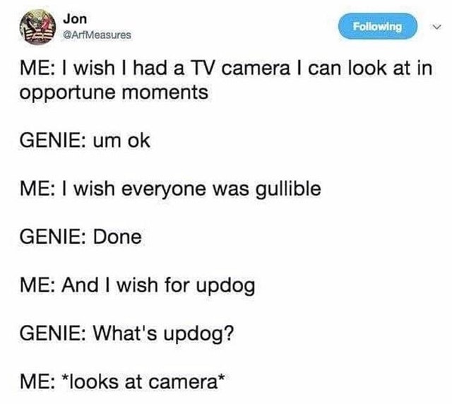 top 10 pictures taken before disaster meme - Jon ing Me I wish I had a Tv camera I can look at in opportune moments Genie um ok Me I wish everyone was gullible Genie Done Me And I wish for updog Genie What's updog? Me looks at camera