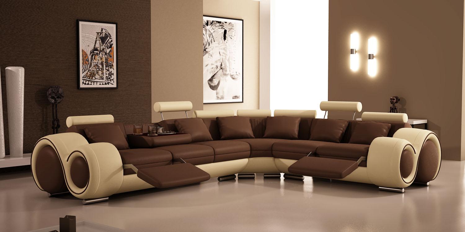 Ultra modern leather sectional sofa from the future with recliners, headrests, and cup holder.
