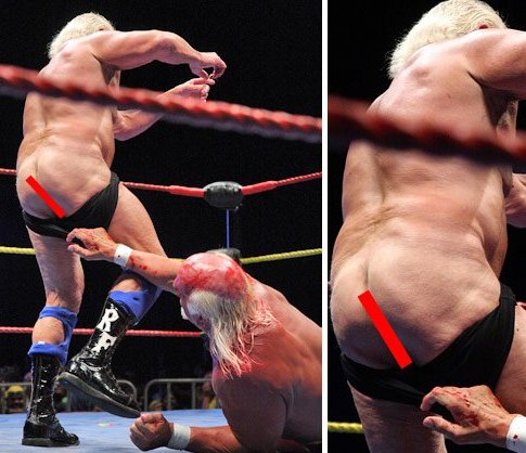 Hulk Hogan exposes Ric Flair's ass during a wrestling match. 