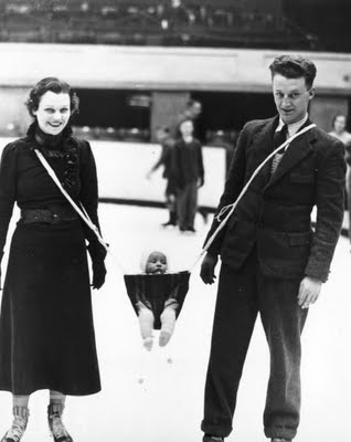 24 Baby Holder, 1937 Jack Milford, player with the Wembley Monarchs ice hockey team, has invented a carrying device so that his baby can join his wife and himself on the ice. Because who wouldn't want to take something as fragile as a baby onto a rock-hard surface with very little friction?