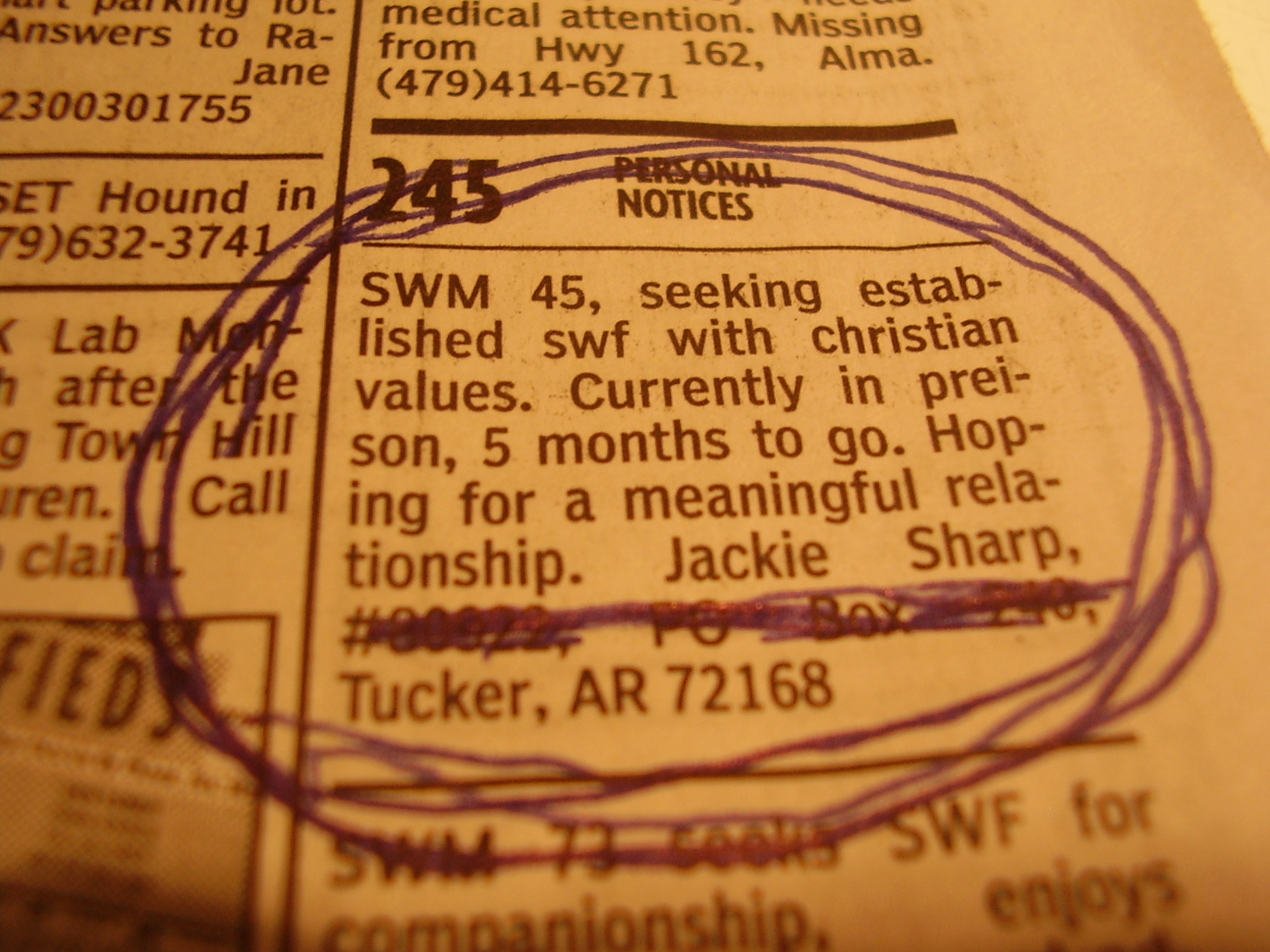Personal Ad.  They just so happened to misspell prison, thats Arkansas for you. 