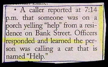 funny police report - A caller reported at p.m. that someone was on a porch yelling "help" from a resi dence on Bank Street. Officers responded and learned the per son was calling a cat that is named Help."