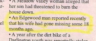 police blotter - K A veadow valley woman alleged that r her son had threatened to burn the house down. An Edgewood man reported recently el that his wife had gone missing some 18 months ago A year after the dirt bike of a Darlington youth was renartall.. 