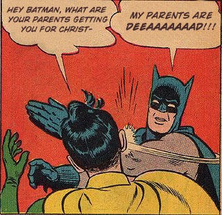 Batman is not pleased with Robin.