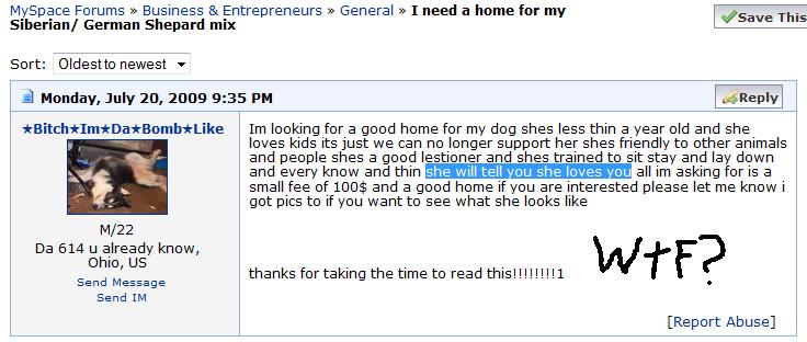 Guy posts ad for his dog on Myspace. 