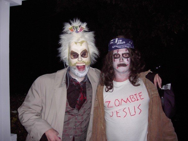 These two guys showed up at my house on Halloween. I let them in and didn't see them the rest of the night. The next morning my roommate came downstairs, sat by me and said "I woke up this morning and finally fulfilled my life's journey to find Jesus. I mean, he was in Zombie form and passed out in my bathtub, but I'll take what I can get".