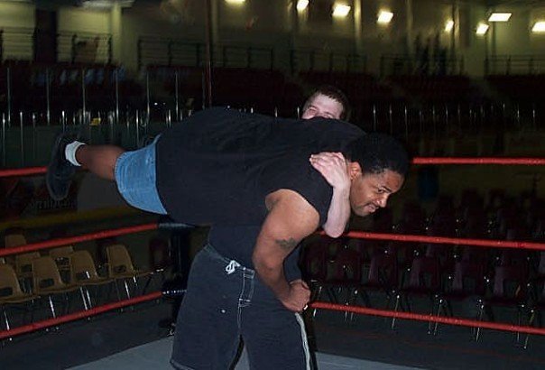 Me holding up 300 pound "big Jay" for a body slam