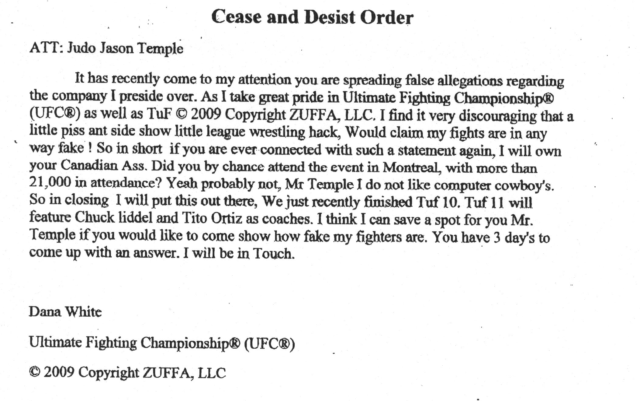 alright.  Keep in mind "Judo Jason Temple" is Me, and to set the stage, I truly beleive that UFC is planned at higher levels as to who wins and looses.  Great prank, this was actually faxed to me at work.