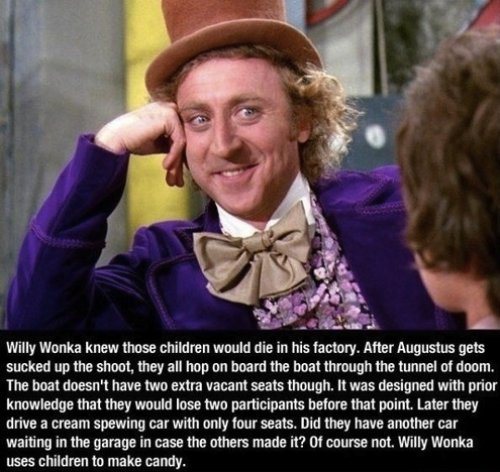 I smell a conspiracy...  then again in the original draft of the book when a key and mom fell into a mixing machine someone said "Help them it's grinding them into powder" to which Willy Wonka replied "well, yes, that's part of the recipe."