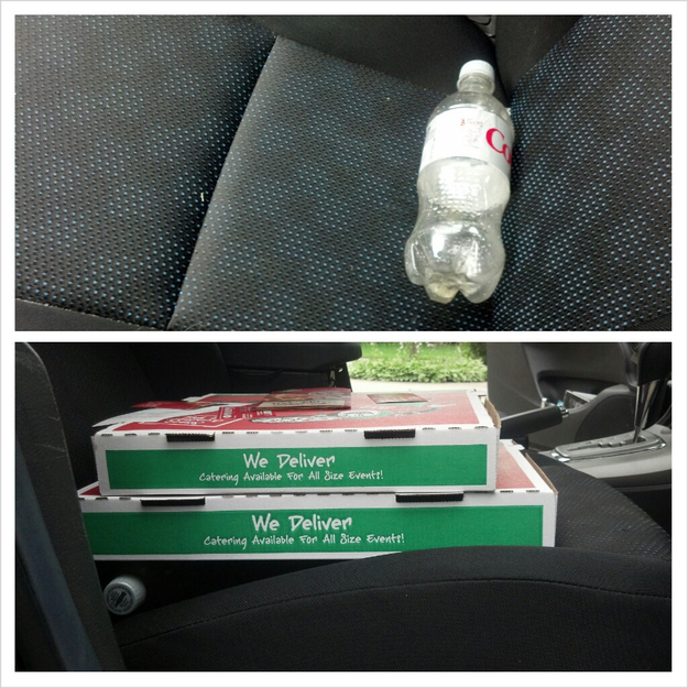 A water bottle stops your Pizza toppings from sliding all over the box