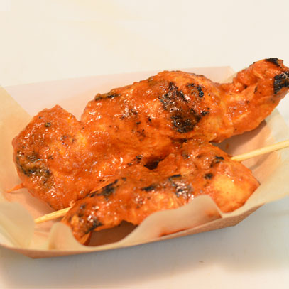 Tikka On-a-Stikka.  Chicken marinated in spices and yogurt, chargrilled and smothered in tikka sauce