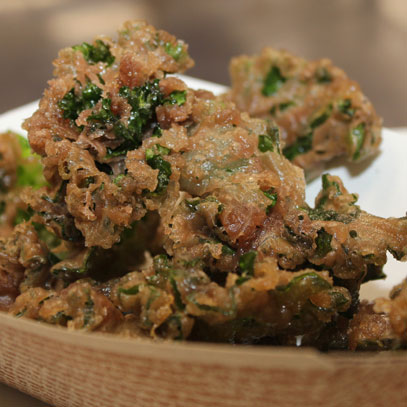 Wine Fried Kalettes.  Battered kale, fried crispy in wine and served with sweet Thai chili sauce