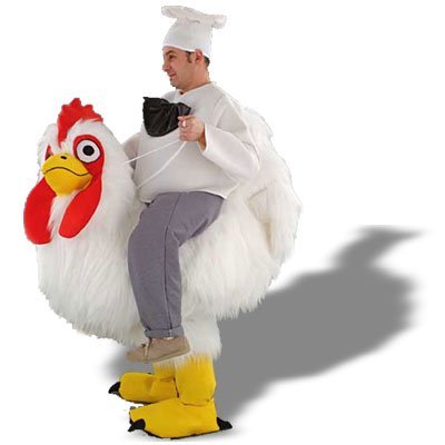 riding a chicken costume