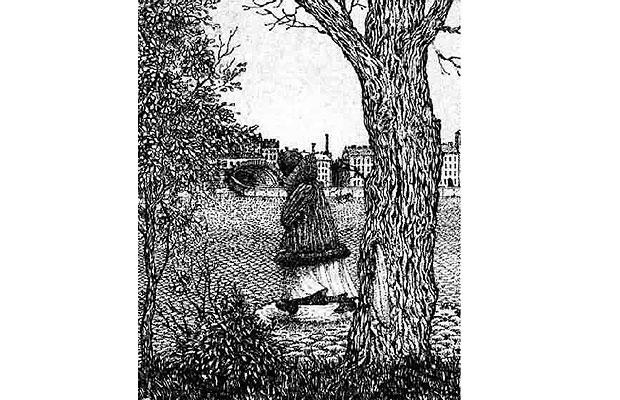 A drawing of a woman strolling towards a bridge. Yet look closely (maybe move away form the screen) and a human face will appear.