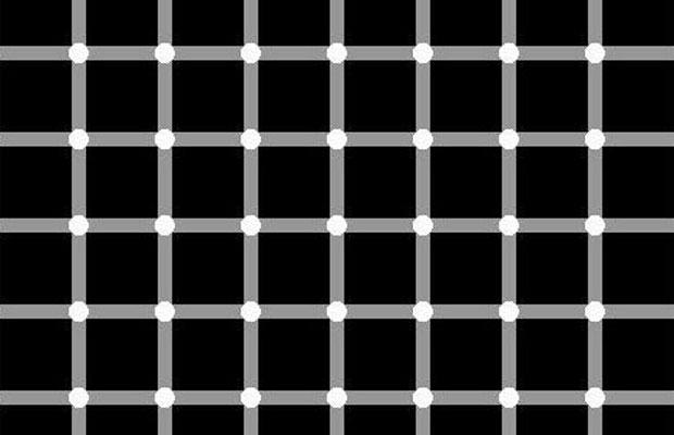 If you keep your eyes on the black dots, they appear to form and vanish at the intersections of the horizonal and vertical lines. The effect is diminished if one is very close to the screen, further away or if one views at a 45 degree angle
