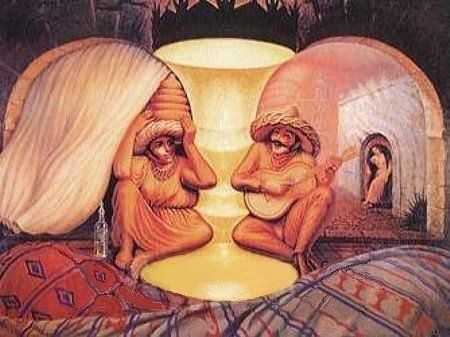 An elderly couple share a loving embrace...but is that all? Keep looking and an entirely different image will emerge
