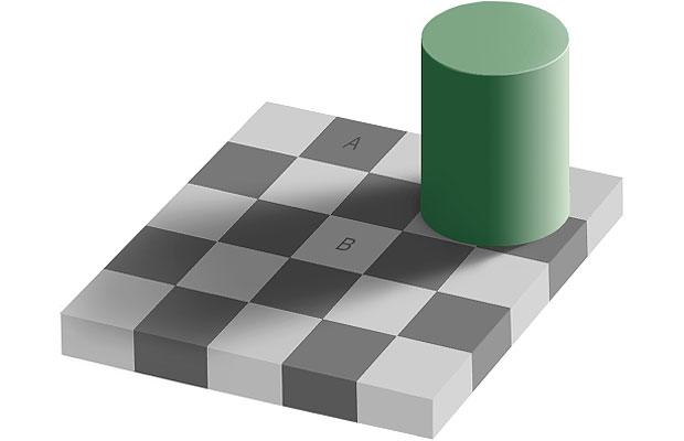 At first glance, it appears to be a black and white chess board with a green cylinder casting a shadow diagonally across the board. However, the black and white squares are simply different shades of grey. The 'white' squares underneath the shadow (including 'B') are actually exactly the same shade of grey as the 'black' squares outside (including 'A')