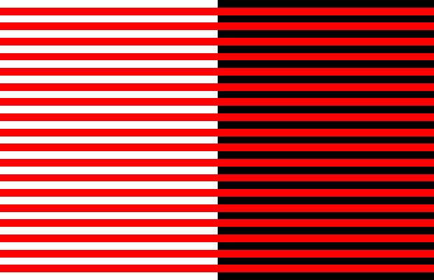 the Bezold Effect is such that the red seems lighter when combined with the white and darker when combined with the black