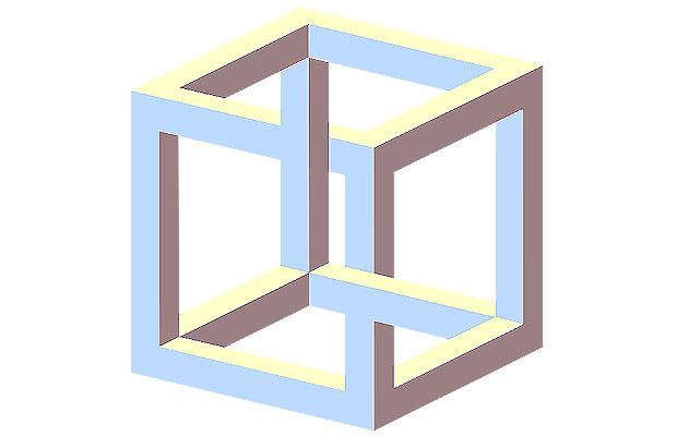 The Impossible Cube Illusion  is an illusion that draws on our natural desire to view the whole rather than individual elements of a drawing or picture. Each part of the drawing is ambiguous, where two lines cross it does not show which is behind and which is in front. 