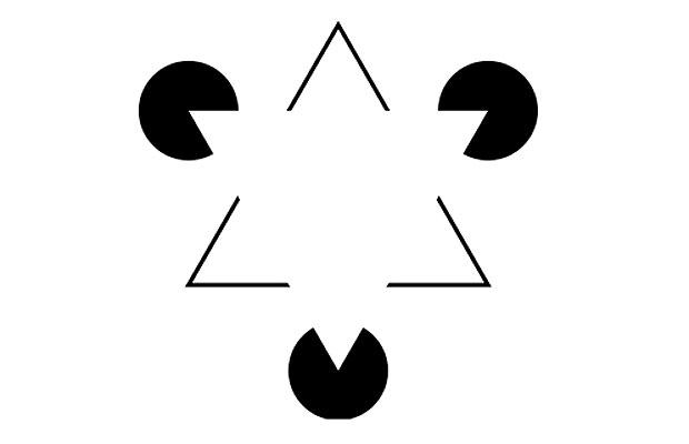 One sees an inverted white equilateral triangle in front of the three black disks. However, the triangle is not drawn and the illusory triangle looks brighter than the background.
