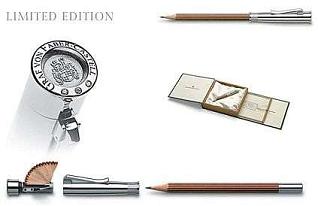 To celebrate it's 240 year anniversary in 2007 Graf von Faber-Castell built a pencil, but not your ordinary pencil, they built the "perfect pencil".

The pencil was made from 240 year old olive wood in your choice of stainless steel or white gold. The cap was encrusted with 3 diamonds and as a bonus, it had a built in pencil sharpener.

The hef