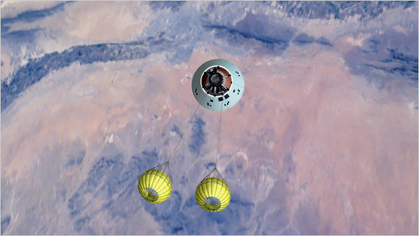 An artist's rendering shows the Orion capsule in an abort flight test, with parachutes slowing the descent toward White Sands Missile Range in New Mexico, where the test would take place.
