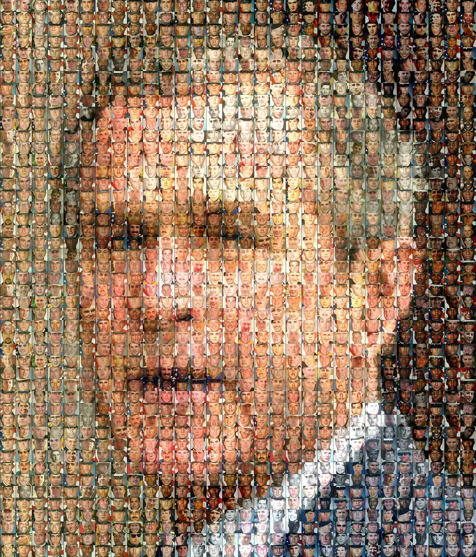 A portrait of Bush composed of over 1400 photos of fallen members of the armed forces. 