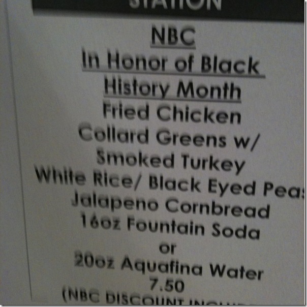 No joke. The NBC cafeteria is celebrating Black History Month With this menu. 