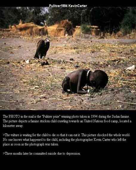This photo shows a starving baby in Africa crawling towards a United Nations food camp which was over 2 kilometers away.  The vulture waits for the baby to die.