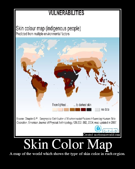 A map of the world which shows the type of skin color in each region.