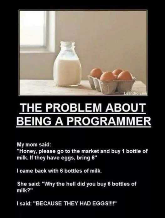 programmer eggs joke - Leandro Leo The Problem About Being A Programmer My mom said "Honey, please go to the market and buy 1 bottle of milk. If they have eggs, bring 6" I came back with 6 bottles of milk. She said "Why the hell did you buy 6 bottles of m