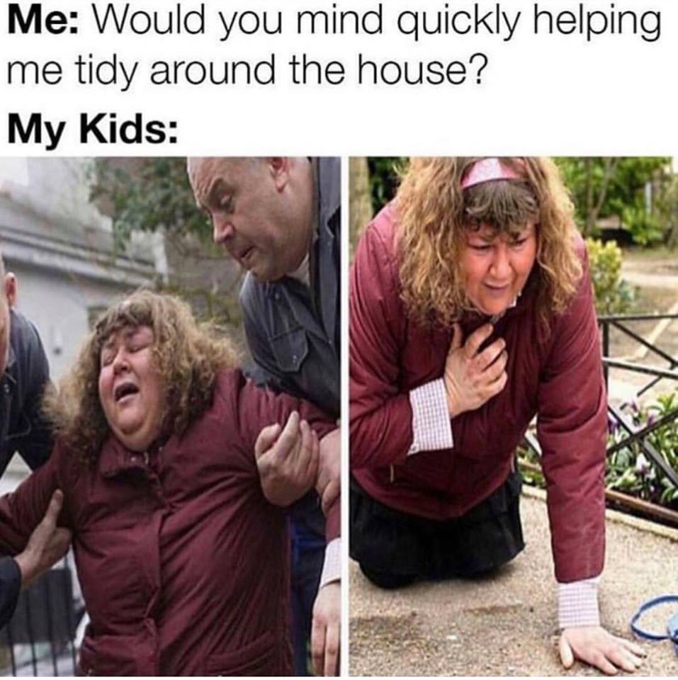 parenting meme - Me Would you mind quickly helping me tidy around the house? My Kids