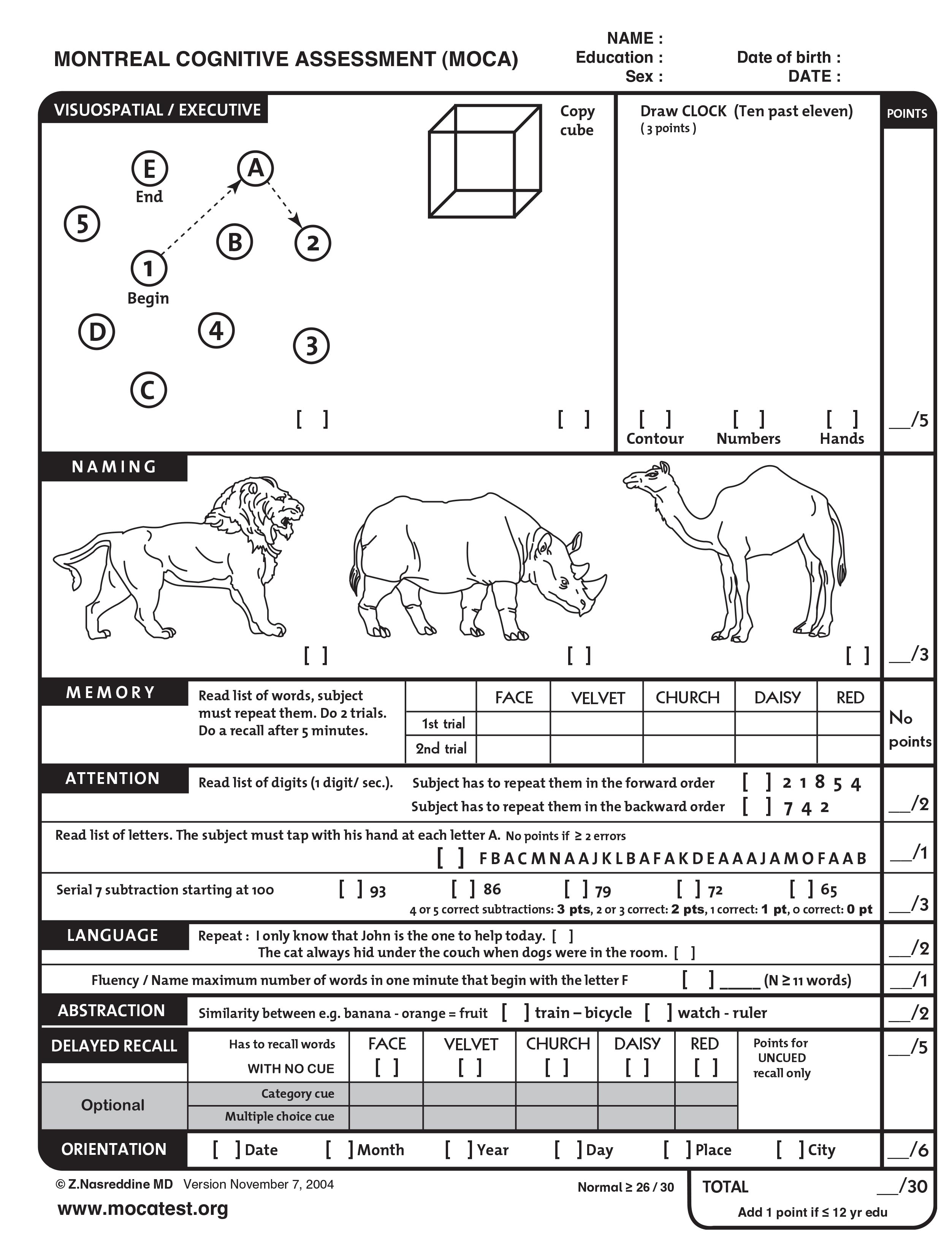 moca cognitive assessment test pdf free