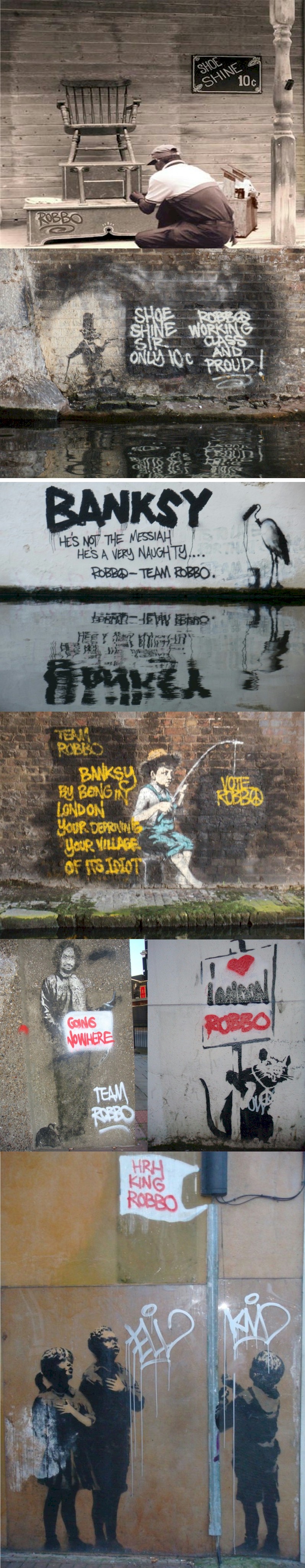 It seems the feud between Banksy and Robbo is far from over as more modifications to Banksys stencil pieces have appeared accross London. The feud sparked by Banksys mural in Camden where he painted over a vintage Robbo piece. Banksys mainstream success has taken the Bristol artist to great lengths in recent years, having works sold at major auctio