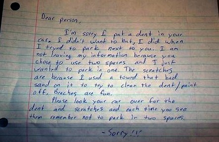 Funny note left on a car by someone who hit it.