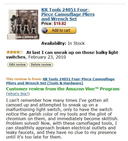 amazon reviews - document - Kr Tools 24051 Four Piece Camouflage Pliers and Wrench Set Price $19.82 .. Add to cart Ween Het Availability In Stock At last I can sneak up on those balky light switches, Edit review Delete review This review is from Kr Tools 