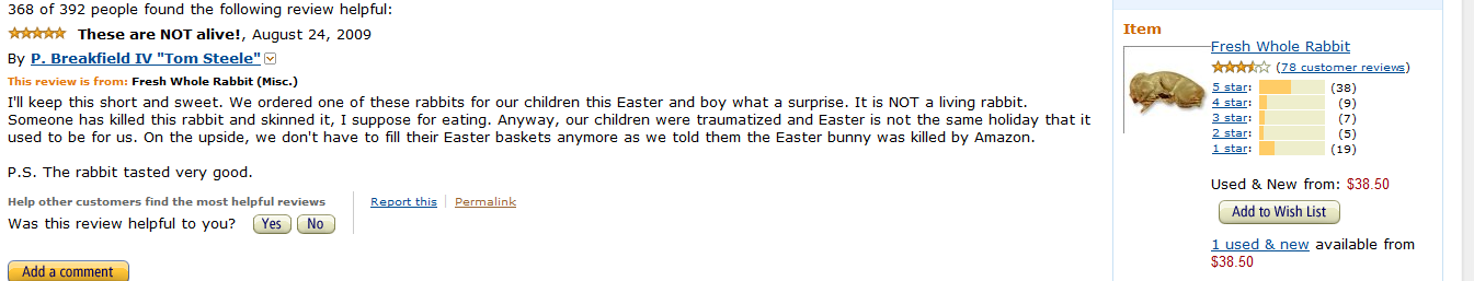 amazon reviews - software - Item 368 of 392 people found the ing review helpful These are Not alive!, By P. Breakfield Iv "Tom Steele" This review is from Fresh Whole Rabbit Misc. I'll keep this short and sweet. We ordered one of these rabbits for our chi
