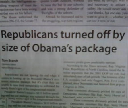 funny accidental newspaper headlines - Republicans turned off by size of Obama's package