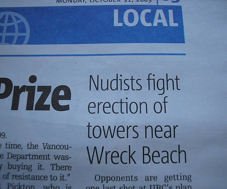 nudist headlines - Miundat, Uliodlie Local Nudists fight erection of towers near Wreck Beach e time, the Vancou e Department was buying it. There of resistance to it." Pirktan hele Opponents are getting ane laat shot at Ibc's plan