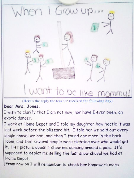 a little girls homework shows mommy dancing on the pole