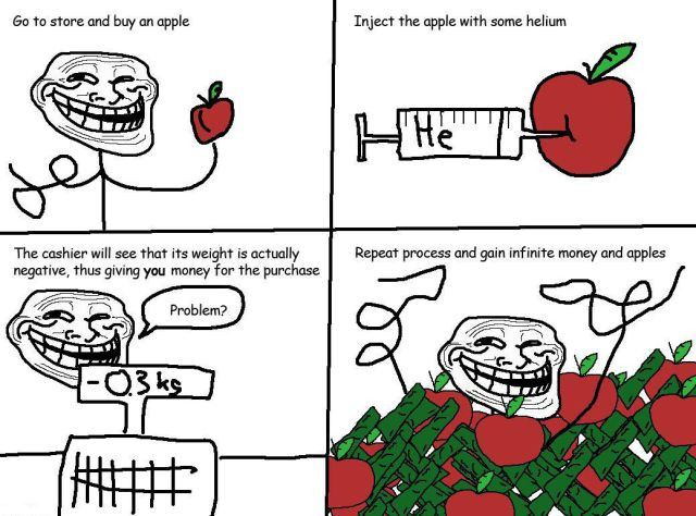 troll physics - Go to store and buy an apple Inject the apple with some helium Hhet The cashier will see that its weight is actually negative, thus giving you money for the purchase Repeat process and gain infinite money and apples Problem? or s