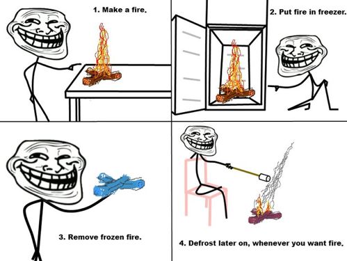 troll face - 1. Make a fire. 2. Put fire in freezer. 3. Remove frozen fire. 4. Defrost later on, whenever you want fire.